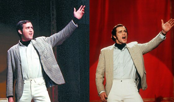 Den ekte Andy Kaufman og Jim Carrey som ham Den ekte Andy Kaufman og Jim Carrey som ham